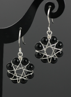 素元 S990足纯银黑色玛瑙耳环韩国手工时尚精至耳饰坠防过敏饰品