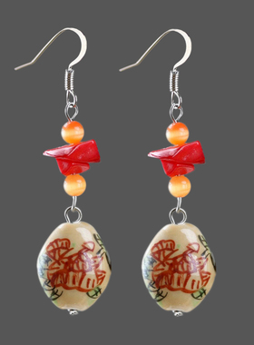 素元橙色陶瓷民族风耳环女原创手工首饰复古长款红色耳饰品可订制