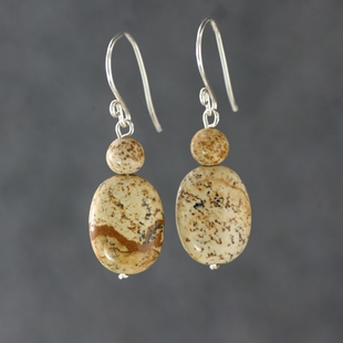 天然图画石纯银耳环女卡其色复古焦糖色椭圆形原矿半宝石网红耳坠