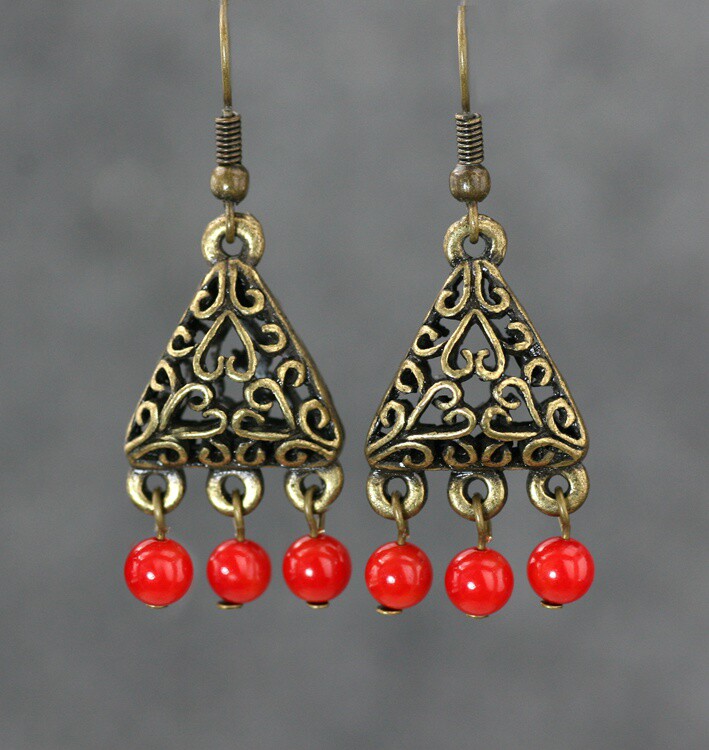 素元 耳环女红色海竹原创手工耳饰精美镂空三角形耳坠饰品