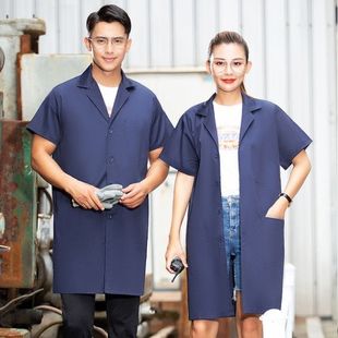 夏季薄款短袖蓝大褂工作服男女搬运服工厂半袖劳保罩衣中长款印字