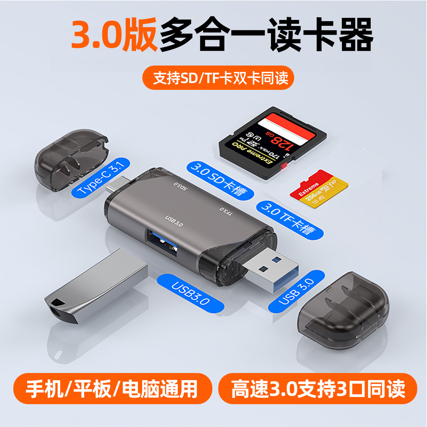 手机电脑通用读卡器相机储存卡sd卡tf卡多功能usb3.0高速内存卡typec读卡器U盘硬盘OTG适用华为苹果ipad平板