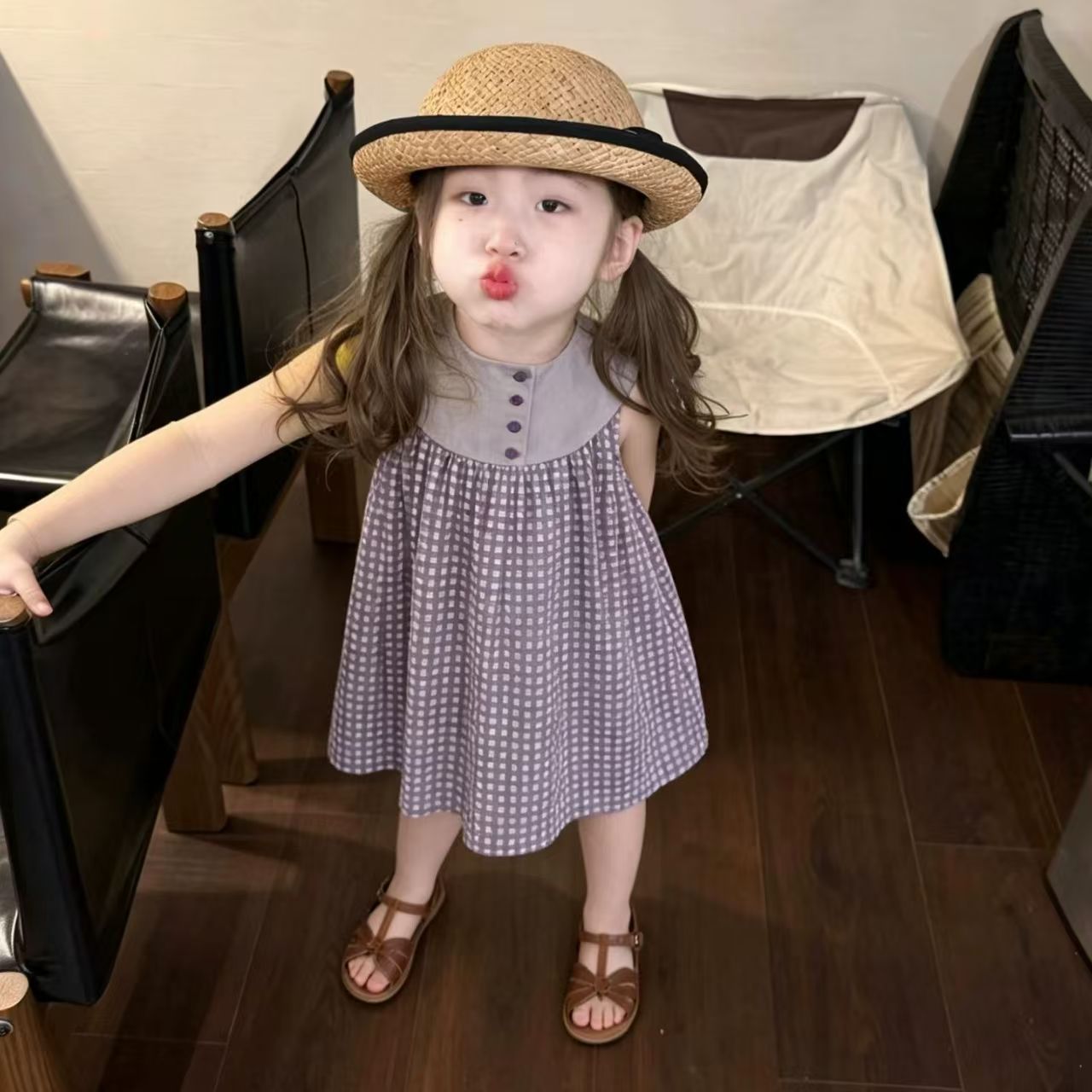99%棉！女童连衣裙2026夏装新款女孩复古紫色格子拼接无袖背心裙