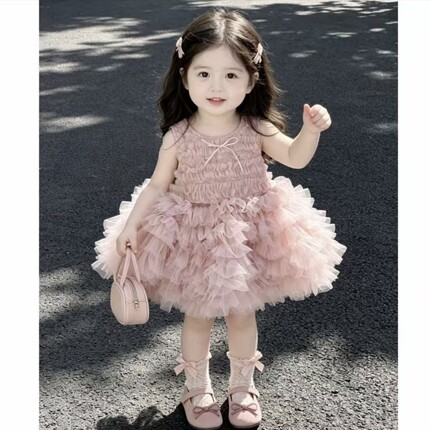 绝美!2026女童夏款公主洋气蛋糕网纱蓬蓬生日礼服裙宝宝