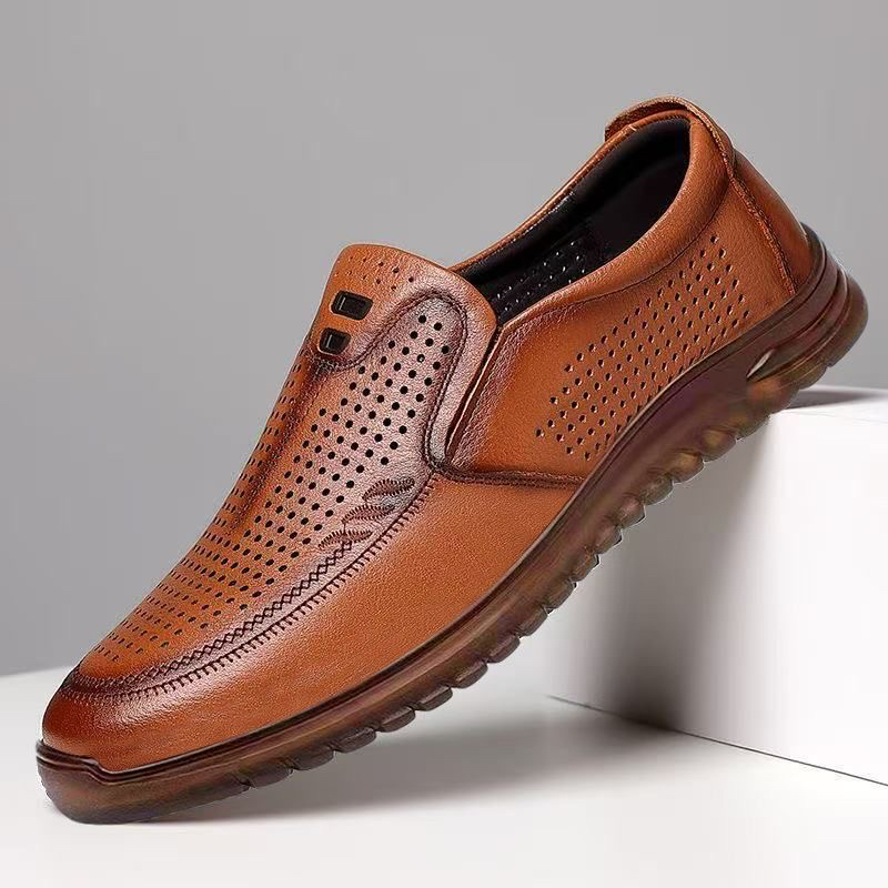 2025年夏季牛筋底皮鞋休闲凉鞋透气镂空皮鞋男洞洞休闲皮鞋