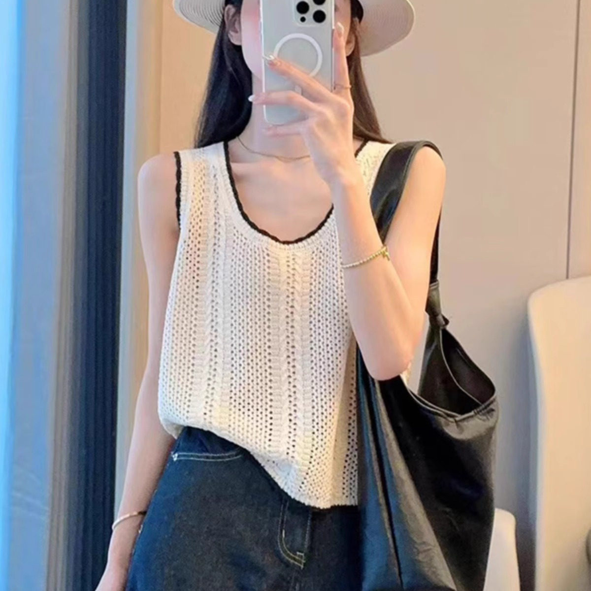 韩系别致薄款镂空针织小背心吊带女夏季外穿宽松坎肩无袖t恤上衣