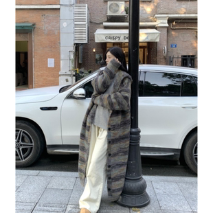 秋冬新款复古宽松慵懒撞色连帽中长款开衫过膝针织毛衣外套女大衣