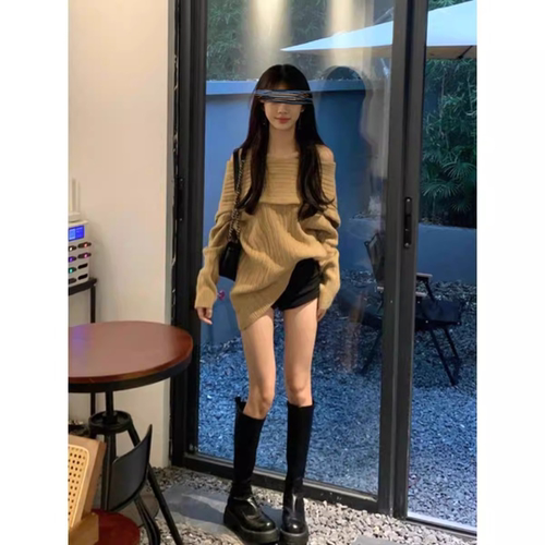 早秋冬新款一字肩露肩毛衣