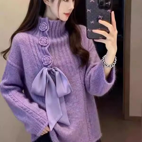 蝴蝶结紫色高领毛衣女秋冬季慵懒独特休闲好看针织衫上衣