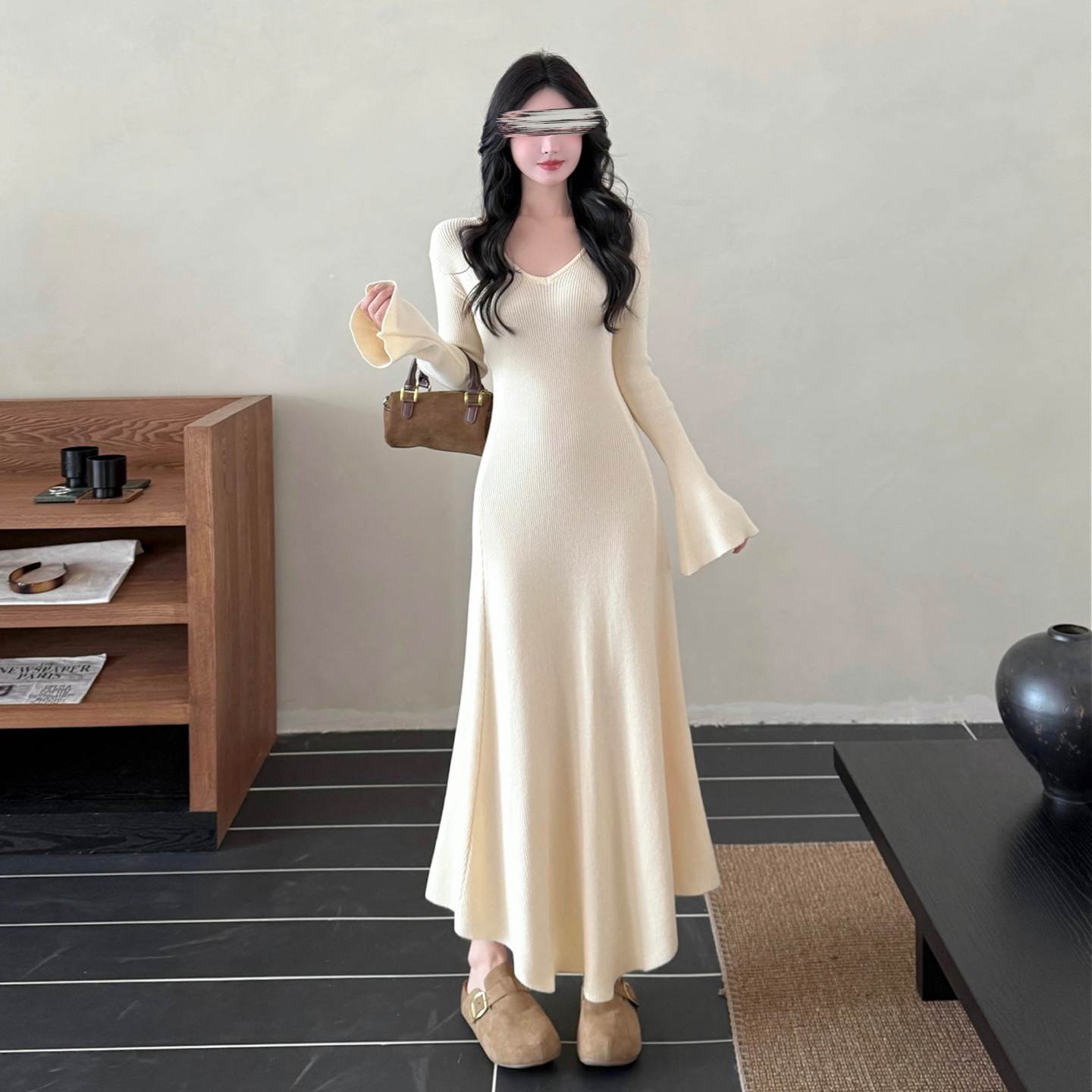 气质温柔风喇叭长袖针织连衣裙女装冬季新款时尚百搭收腰显瘦长裙,女装/女士精品,毛针织衫,淘宝优惠券,粉丝福利购,淘宝优惠卷