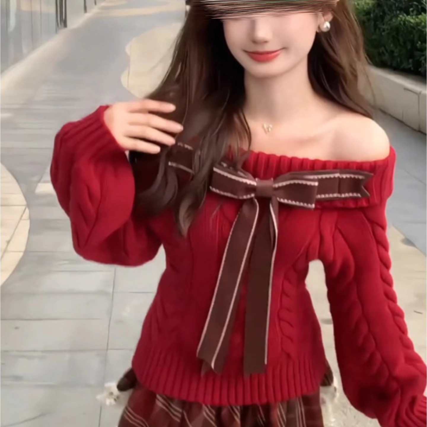 秋冬蝴蝶结麻花针织衫一字肩毛衣