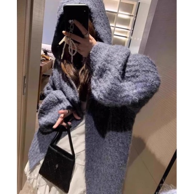 秋冬新款中长款灰色针织衫外套