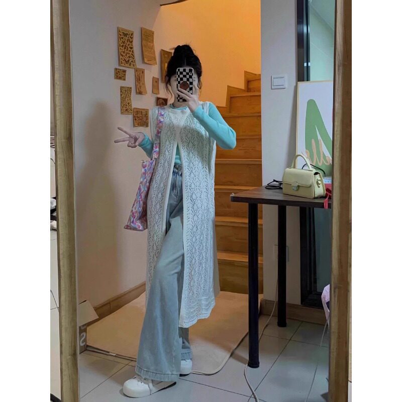 设计感小众叠穿罩衫针织镂空背心裙夏季女长裙连衣裙外搭开叉裙子