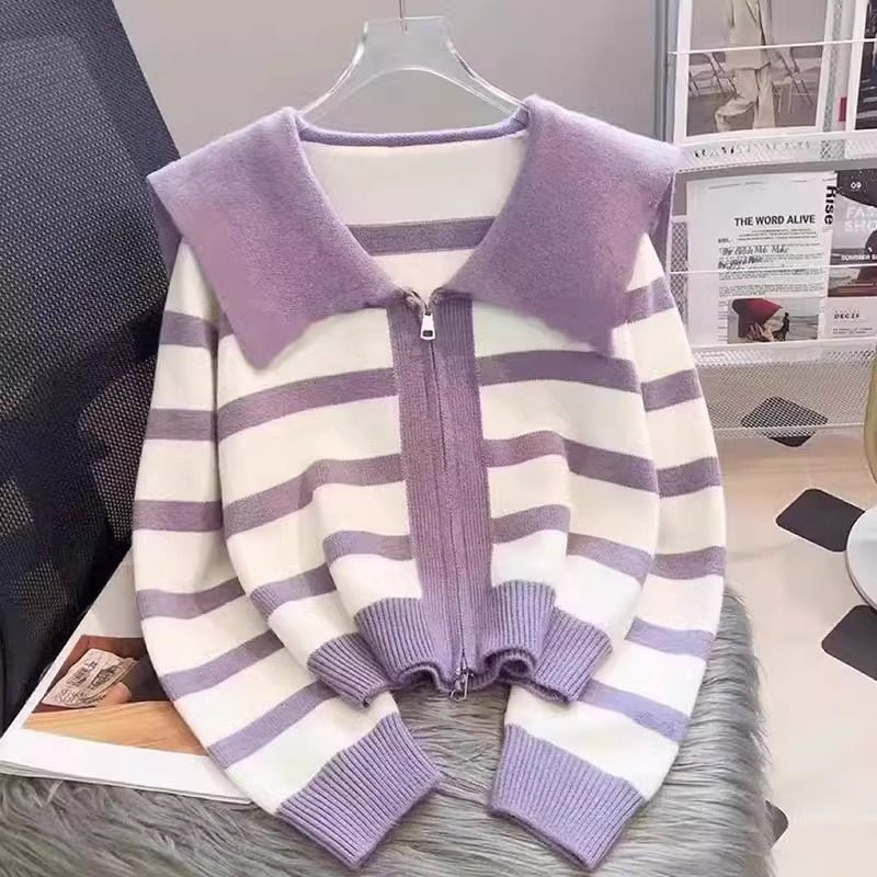 秋冬季新款拉链条纹学院风娃娃领时尚女士针织毛衣女开衫外穿洋气,女装/女士精品,毛针织衫,淘宝优惠券,粉丝福利购,淘宝优惠卷