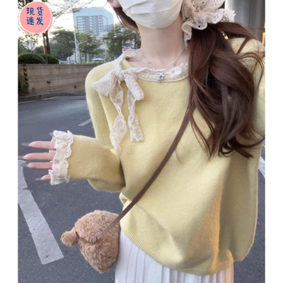 秋冬法式洋气蕾丝蝴蝶结打底衫