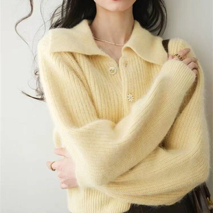 温柔奶黄色polo领毛衣外套女秋冬季短款小个子高级感针织开衫上衣