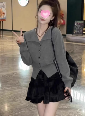 早秋翻领灰色针织开衫毛衣外套女2025新款秋季穿搭短款针织衫上衣