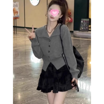 翻领灰色针织开衫毛衣外套