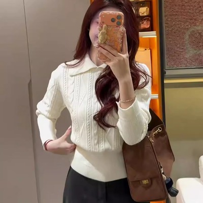 秋冬翻领Polo领麻花针织毛衣上衣