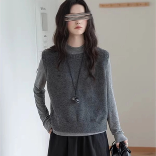 灰色叠穿针织马甲背心女2025秋冬季新款宽松显瘦内搭外穿马夹