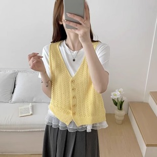 针织马甲背心两件套女潮 2025春季 新品 洋气显瘦蕾丝花边短袖 T恤衫