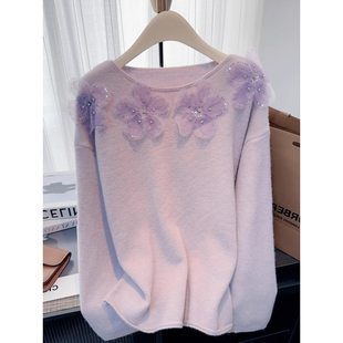 法式立体花朵重工钉珠长袖针织衫女秋装2025新款宽松慵懒毛衣上衣