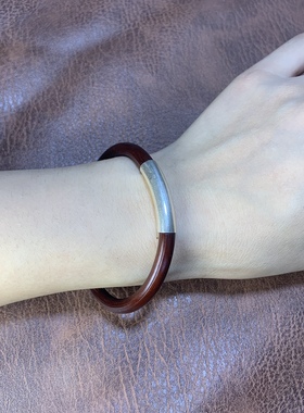 西藏正宗鸡血藤纯银包头银管红色鸡血藤女士纯手工流行木质藤手镯