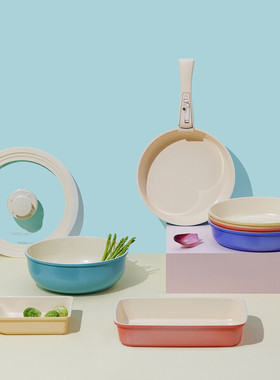 韩国进口ROICHEN彩色陶瓷内胆煎锅炒锅6件套燃气用深款锅送礼自用