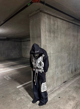 秋冬新款美式街头嘻哈风复古高街设计感个性开衫连帽男女同款卫衣