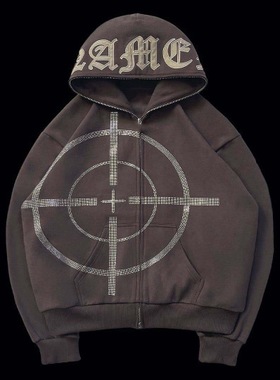 个性街头长拉链刺绣字母 水钻印花卫衣开上欧美Y2K复古男女Zipper