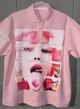 25025跨境短袖女孩德印花V领POLO衫宽松百搭高街套头纽扣上衣