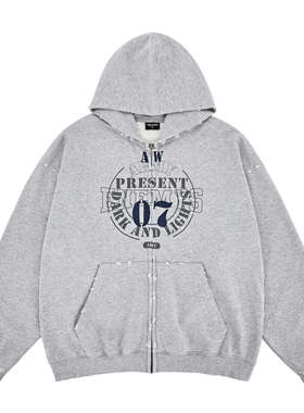 UNZEOT 2025新款跨境洗水破坏英文印花国潮宝藏男孩连帽衫Y2K男