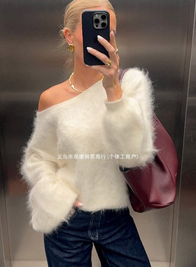 欧美跨境海马毛宽松纯色毛衣女士休闲单肩斜领长袖通勤套头衫ins