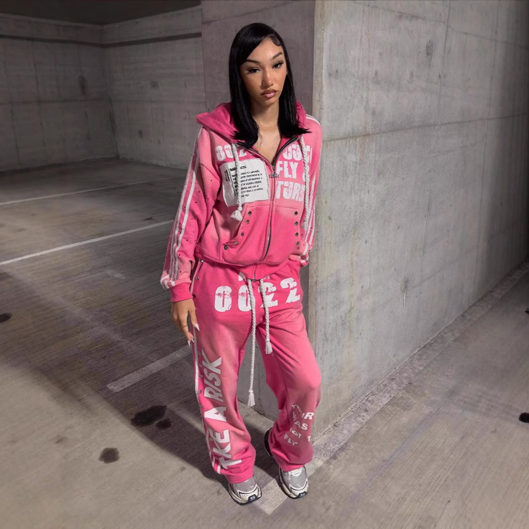 欧美连帽卫衣套装时尚休闲长裤印花嘻哈摇滚男女男同款卫衣外套