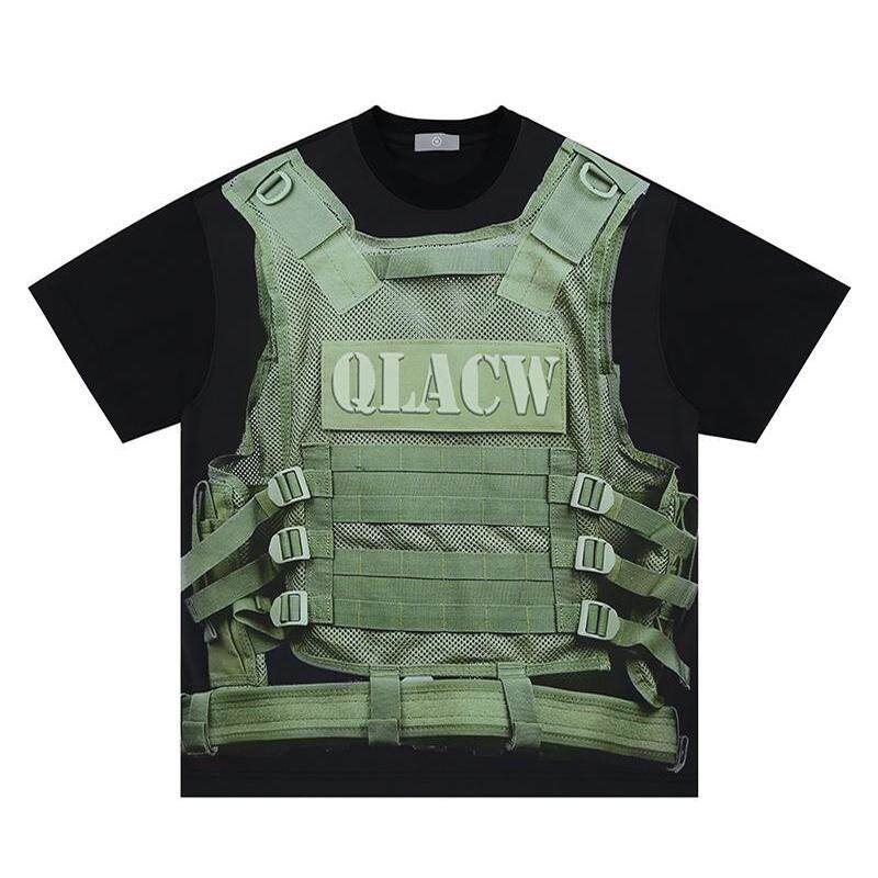 美式复古高街战术背心马甲印花短袖个性潮流男女宽松休闲圆领T恤