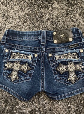 欧美性感辣妹牛仔短裤女原宿复古十字架口袋刺绣低腰包臀Y2k短裤