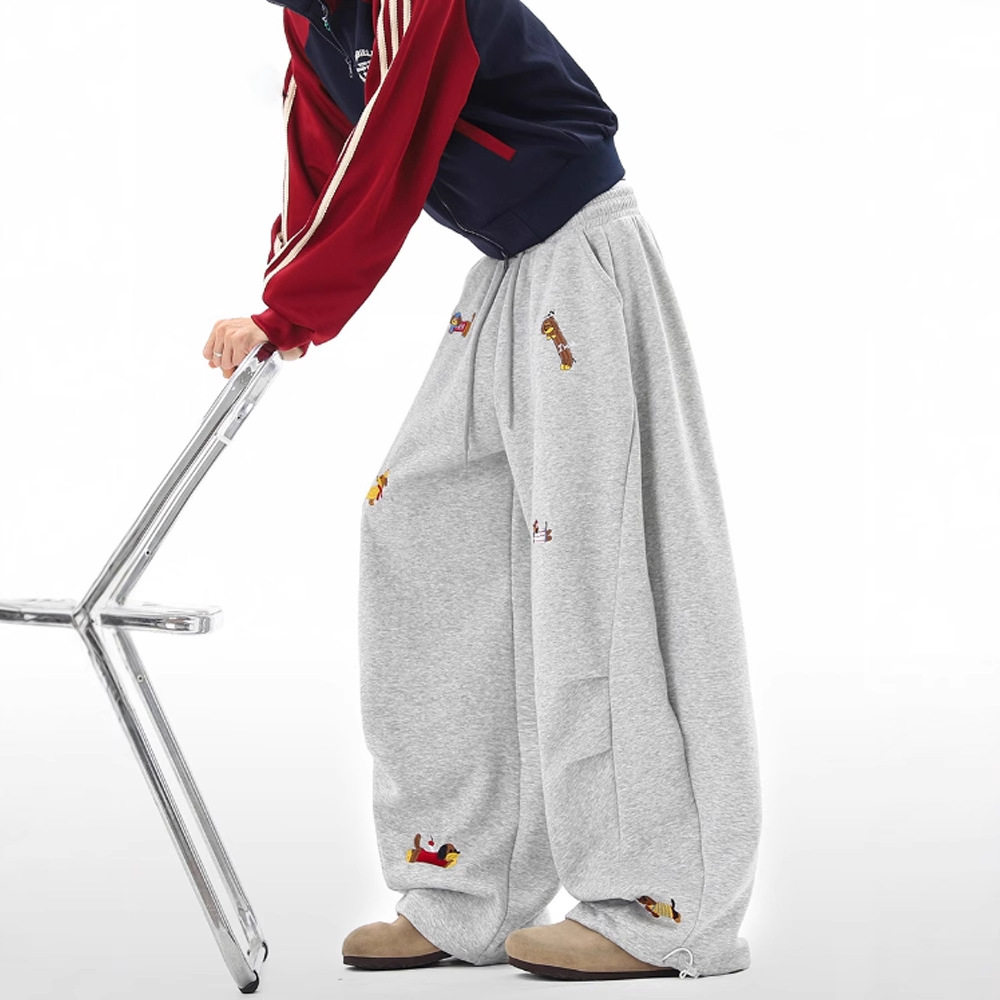 慵懒趣味腊肠狗刺绣弯刀卫裤男女秋季宽松休闲运动裤情侣阔腿裤子,男装,休闲裤,淘宝优惠券,粉丝福利购,淘宝优惠卷