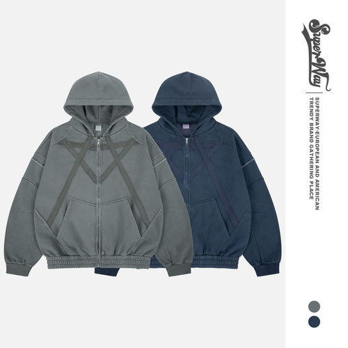 2025秋冬新款美式潮牌重工水洗刺绣加绒开衫拉链连帽卫衣