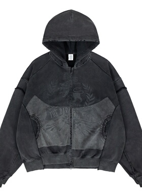 UNZEOT美式cleanfit纯棉秋冬模糊印花拉双链破坏口袋连帽卫衣外套