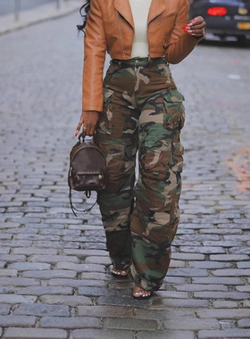 LD24471新款欧美女装时尚街头割烂洗白直筒宽松多口袋迷彩长裤