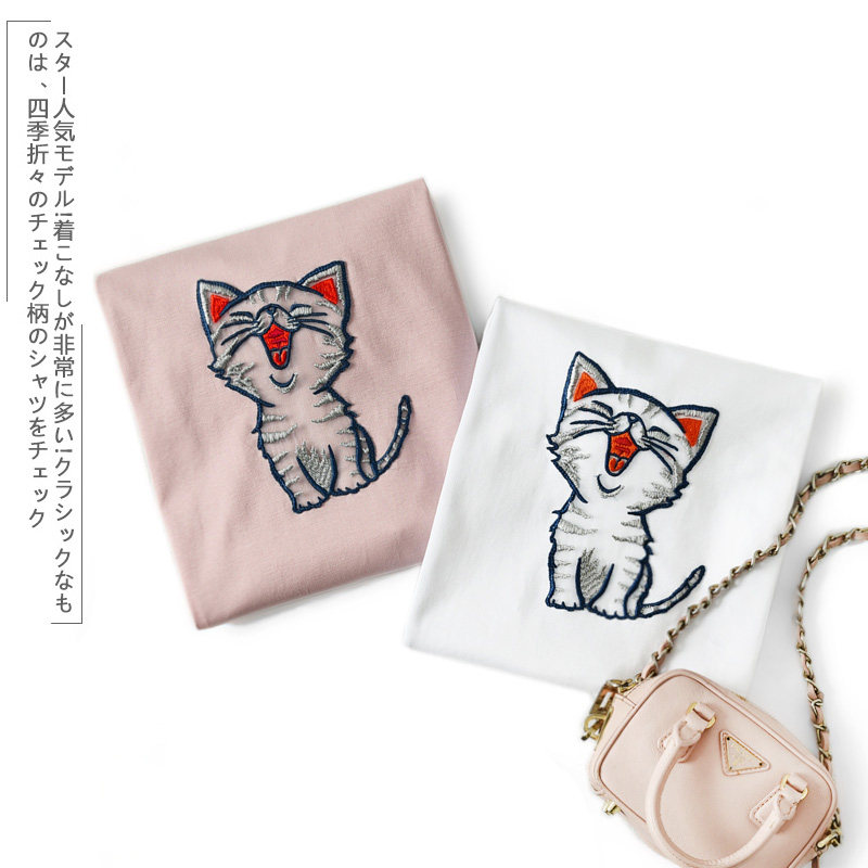 老客拼手速！特价福利萌翻你的网纱猫咪刺绣丝光长绒棉短袖宽松T