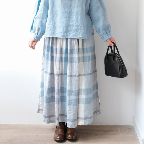 日系色织亚麻格子半身裙长裙