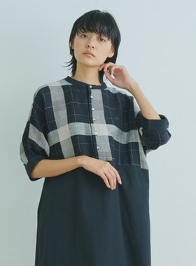 色织格棉麻拼接连衣裙女