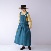 十月雪 日系亚麻方领前后两穿连衣裙背心裙女百搭宽松显瘦背带裙