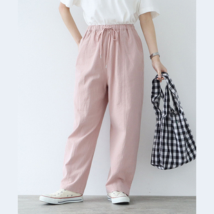 松紧腰宽松阔腿文艺裤 十月雪 女2024新款 休闲裤 子 日系全棉直筒裤