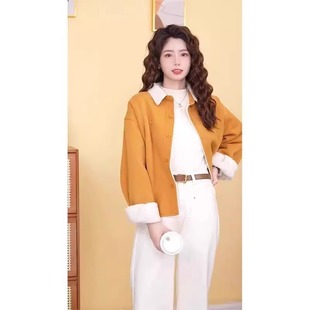 港味复古小个子翻领设计感黄色加绒加厚皮毛一体羊羔毛短外套冬装