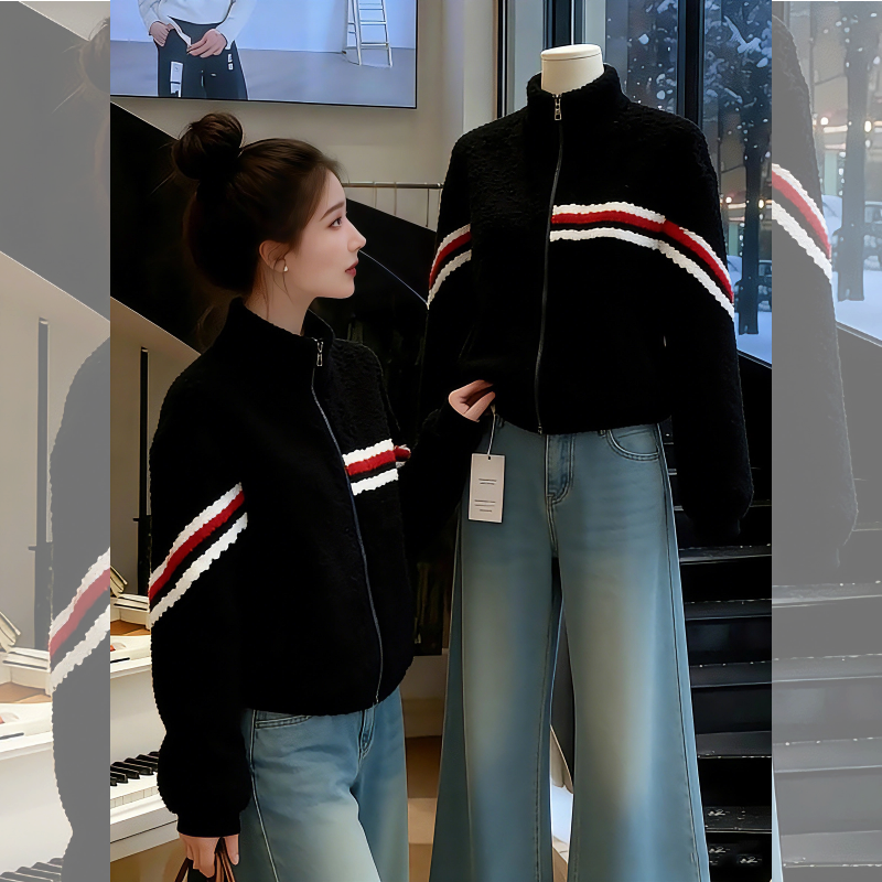 深秋初冬独特超好看黑色仿羊羔毛绒短款开衫厚外套女秋冬2026新款,女装/女士精品,短外套,淘宝优惠券,粉丝福利购,淘宝优惠卷