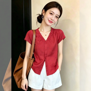 超火减龄红色短袖衬衫衬衣女款2026新款夏季独特漂亮小衫法式上衣