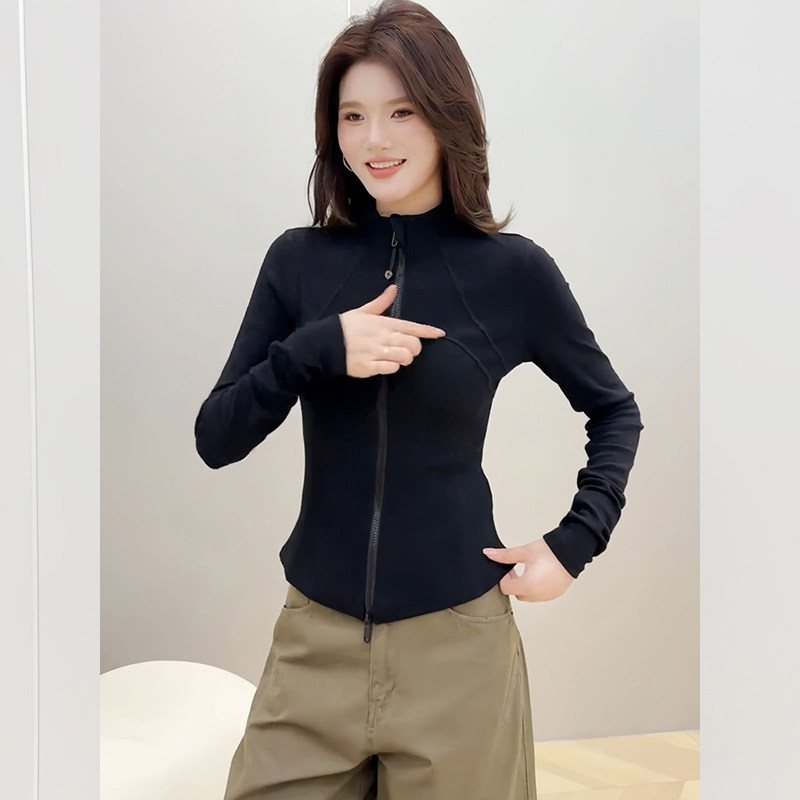 韩版通勤风立领双拉链长袖开衫2026春季新款瑜伽运动修身外套女士,女装/女士精品,短外套,淘宝优惠券,粉丝福利购,淘宝优惠卷