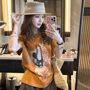 老钱风正肩短袖t恤女2026夏季新款韩系显瘦减龄圆领印花慵懒上衣